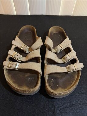 Birkenstock Four-Strap Suede Sandals in Light Brown